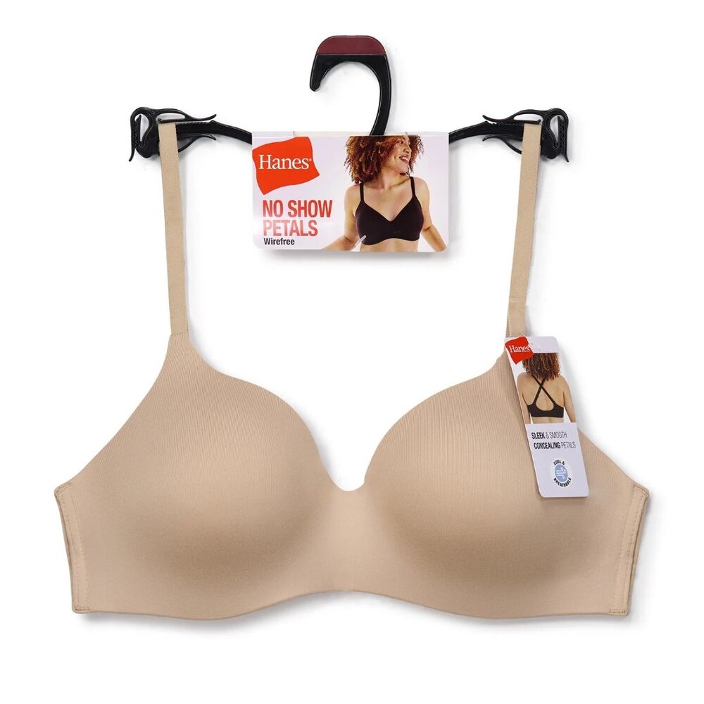Hanes Women’s L 36D Nude Wireless No-Show Bra Concealing Petals Convertible NWT